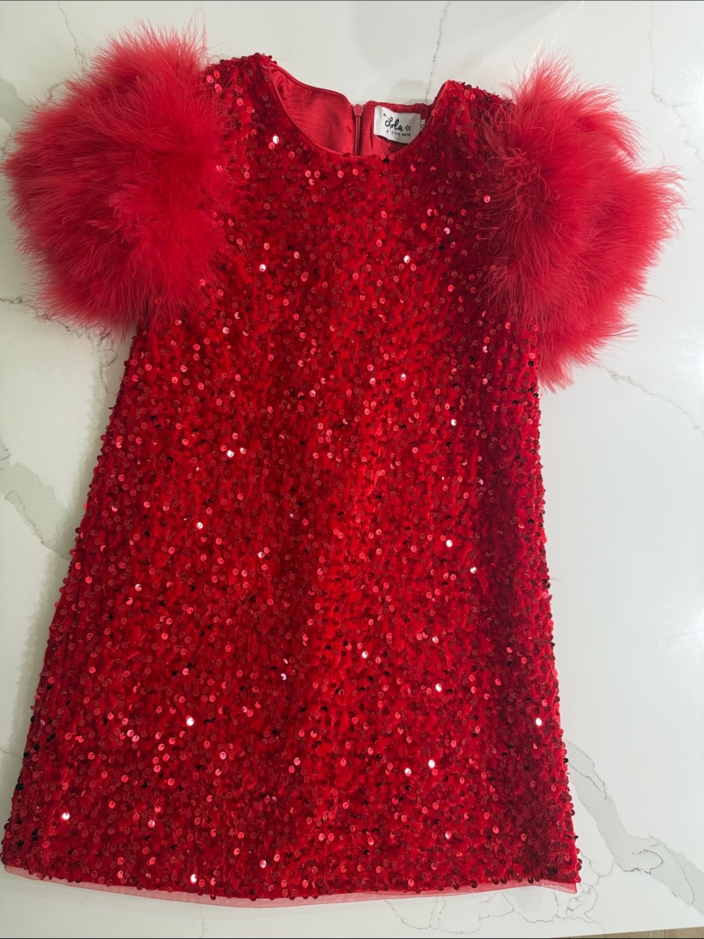 Lola + The Boys Red Sequin Feather Sleeve Formal Dress